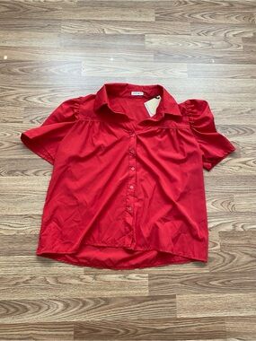 Button-Front Red Puff Sleeve Blouse